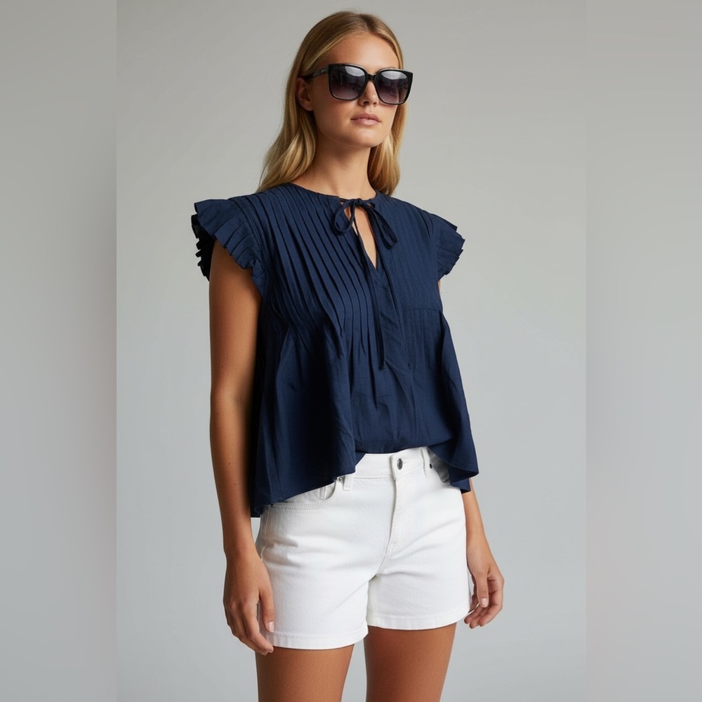 Dee Elly Navy Blue Small Pleated Tie Neck Cap Sleeve‎ Peplum Top Womens
